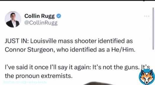 This idi*t  is literally blaming 'pronoun' for the Louisville mass shooting. And because the individual 'identity itself as he/him'  This MAGA Republicans are freaking ridiculous. They are willing to blame everything  and everyone else but NOT GUNS.NS.