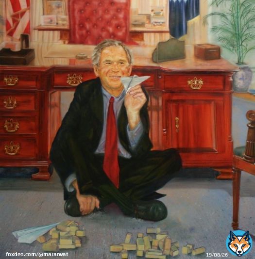 Esta imagen pertenece a un cuadro de Epstein que tenía en su residencia de New York. En el cuadro aparece George Bush derribando torres con aviones de papel.