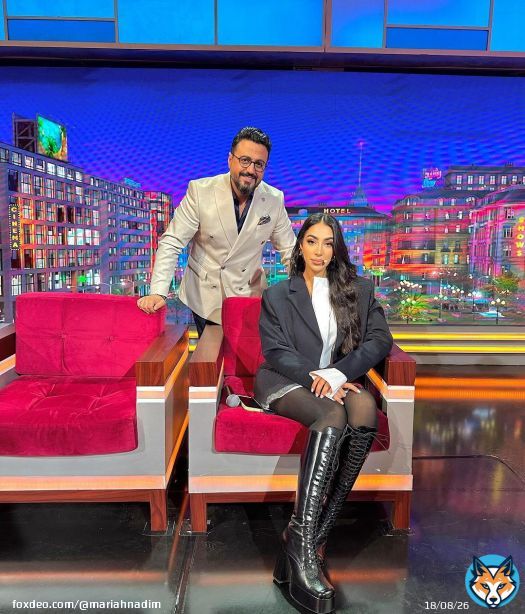 Photo shared by mariahnadim - ماريا ناديم on January 23, 2024 tagging @allalirachid. May be an image of 2 people, makeup, television, suit, blazer, newsroom and text.