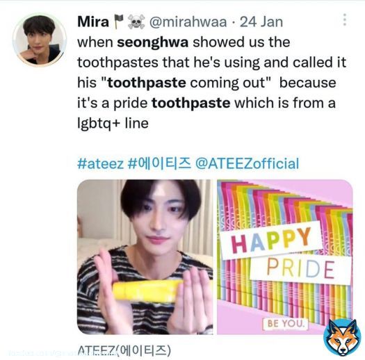 Seonghwa from Ateez, and his iconic pride toothpaste, that isn't exactly cheap even before imports. Portion of profits also went to LGBTQ+ charities iirc.  He also made coming out jokes about it as well, because off course he did