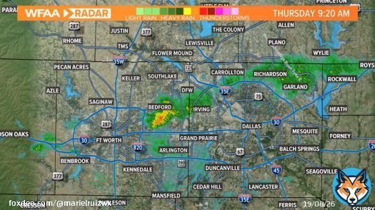 Rain continues (light and scattered) across Dallas and Tarrant counties. Expect this the rest of the morning. A few non-severe storms may form in the early afternoon east of DFW. The severe weather threat comes mid to late afternoon. #wfaaweather