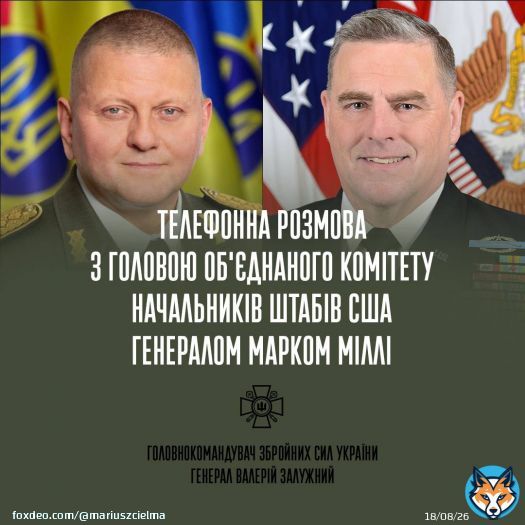 Rozmowa gł&oacute;wnodowodzącego UKR gen. Załużnego z szefem Połączonego Komitetu Szef&oacute;w Sztab&oacute;w USA gen. Milley'em. Załużny poinformował o prowadzonych kontratakach UKR w rejonie Charkowa i Izium. Podkreślił także potrzebę przekazania system&oacute;w rakietowych M270 MLRS lub M142 HIMARS.