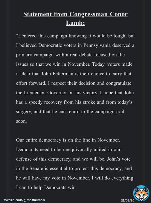 Kudos to @ConorLambPA for immediately working to unite the Democratic slate, including immediately supporting #PASen Democratic nominee @JohnFetterman.  #PApol #papolitics @TonyMoonbeam @tify330 #Pennsylvania #PAvotes #PAPrimary #VoteBlueIn2022 #VoteBlue #JohnFetterman #ConorLamb