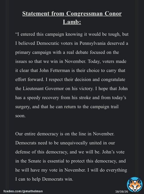 Kudos to @ConorLambPA for immediately working to unite the Democratic slate, including immediately supporting #PASen Democratic nominee @JohnFetterman.  #PApol #papolitics @TonyMoonbeam @tify330 #Pennsylvania #PAvotes #PAPrimary #VoteBlueIn2022 #VoteBlue #JohnFetterman #ConorLamb