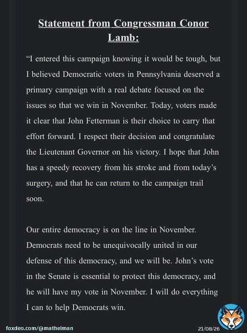 Kudos to @ConorLambPA for immediately working to unite the Democratic slate, including immediately supporting #PASen Democratic nominee @JohnFetterman.  #PApol #papolitics @TonyMoonbeam @tify330 #Pennsylvania #PAvotes #PAPrimary #VoteBlueIn2022 #VoteBlue #JohnFetterman #ConorLamb