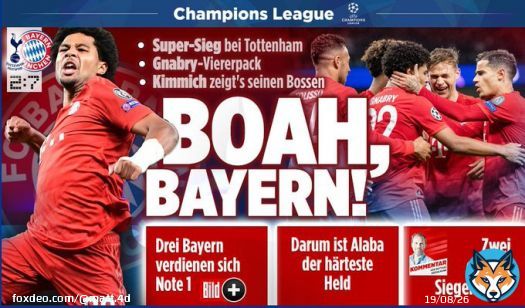 Sports headlines in Germany this morning after Tottenham Hotspur 2-7 Bayern Munich   BILD: 'Woah, Bayern!'  SZ: 'Oktoberfest in North London'  FAZ: 'Bayern's moment of glory'  Spiegel: 'Gnabry's greatest game'  #TOTFCB #UCL