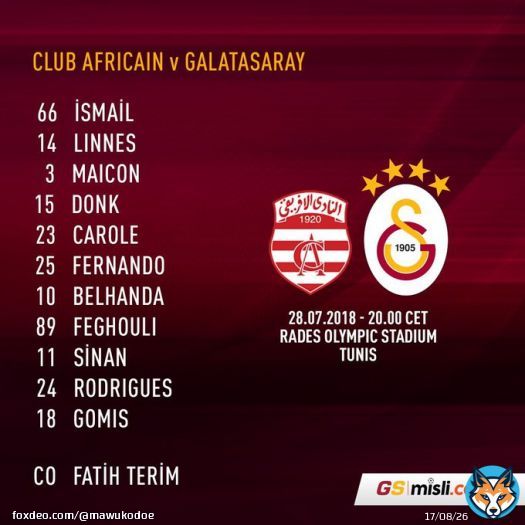 Tonight&rsquo;s #Galatasaray lineup vs. @ClubAfricainEN:  #CAvGS  #ANGELSPORTS