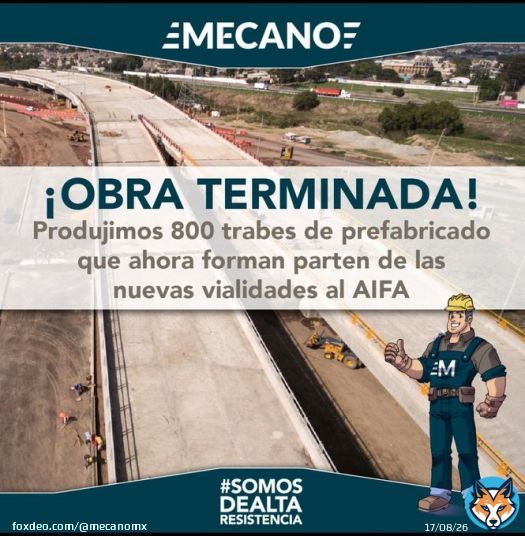 Concluimos satisfactoriamente nuestra participaci&oacute;n en las nuevas vialidades al #AIFA.  Mecano produjo 800 trabes de prefabricados para la v&iacute;a de Tonatitla que forma un circuito entre los municipios de Ecatepec, Tec&aacute;mac, Zumpango, Tonatitla y Nextlalpan, en el Edo. Mex.