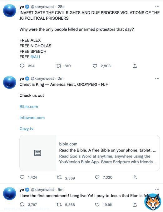 Alex Jones, Nick Fuentes, and Ali Alexander are currently tweeting from Kanye West's account. This is a clear violation of Twitter's rules on ban evasion.