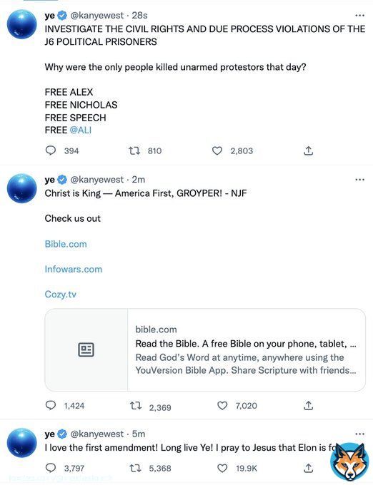 Alex Jones, Nick Fuentes, and Ali Alexander are currently tweeting from Kanye West's account. This is a clear violation of Twitter's rules on ban evasion.