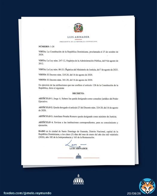 Mediante decreto 1-26, estoy designando al Dr. Jorge Subero Isa como Consultor Jurídico del Poder Ejecutivo.