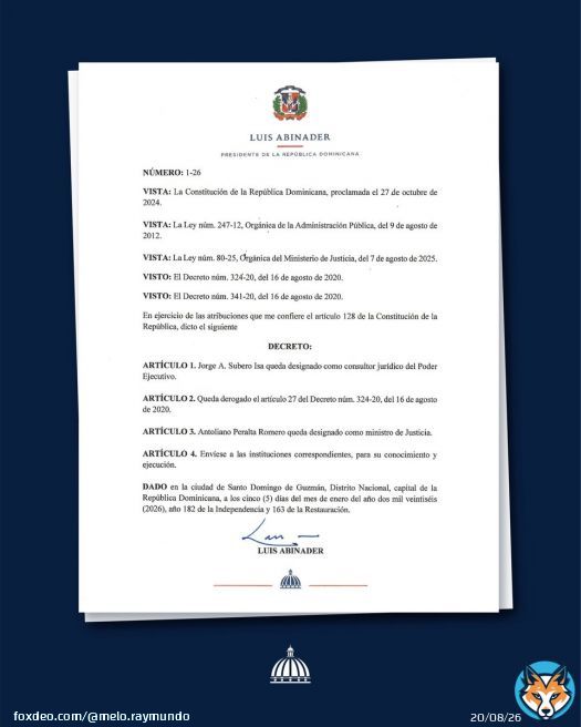 Mediante decreto 1-26, estoy designando al Dr. Jorge Subero Isa como Consultor Jurídico del Poder Ejecutivo.