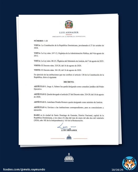 Mediante decreto 1-26, estoy designando al Dr. Jorge Subero Isa como Consultor Jurídico del Poder Ejecutivo.