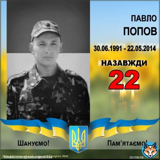 НАЗАВЖДИ 22&hellip; Павло ПОПОВ Народився в 1991 році у м. Нововолинськ (Волинь). Захищав Україну в складі 51-ї ОМБр, солдат. Загинув 22 травня 2014 р. в бою поблизу м. Волноваха на Донеччині. Похований на кладовищі Свято-Успенського монастиря Нововолинська.