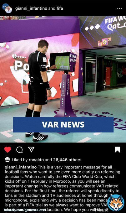 HUGE NEWS AS FIFA PRESIDENT INFANTINO ANNOUNCES REVOLUTIONARY CHANGE TO REFEREEING. Starting from this FIFA CLUB WORLD CUP, every referee will have to explain their decision to the stadium, microphones will be attached to the officials. Spread the word!!! We need this in La Liga!
