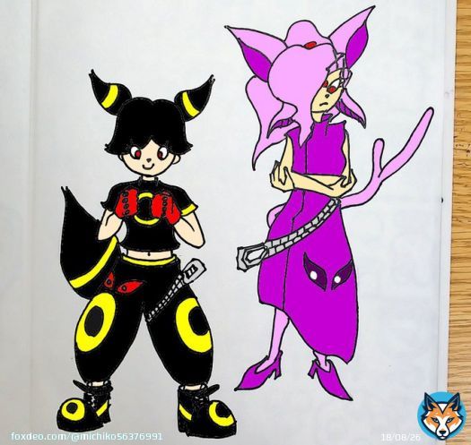 28th work: luna et sol The cosplayers of umbreon and espeon. Drawn on a notebook and colored by GIMP. (before I purchased Microsoft Surface)  I can understand Latin language a bit.  #illustration  #pokemon #eeveelution  #umbreon #espeon #イラスト #ポケモン #コスプレ