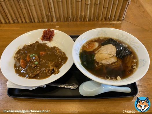 おはようございます今日はカレーの日なので、越谷市の朝日屋さんのカレーライス&ミニラーメンセットのツイートだ 一人前の×0.8をダブルで狙ったセットでボリュームあるよ。カレーは甘口で醤油ラーメンは昔ながらのあっさり 皆様、良い一日をお過ごしください #カレーの日 #おは戦50122jn