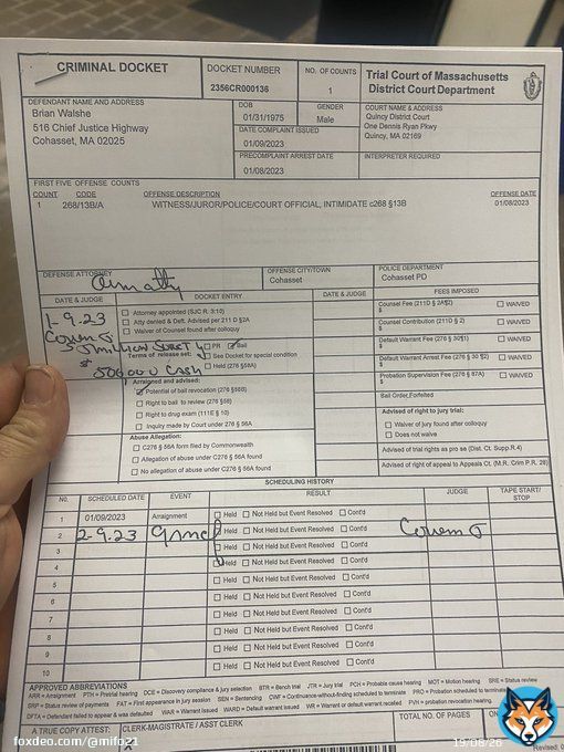 Just picket up the official docket I will go through it and report back anything I missed #AnaWalshe #brianwalshe #Cohasset