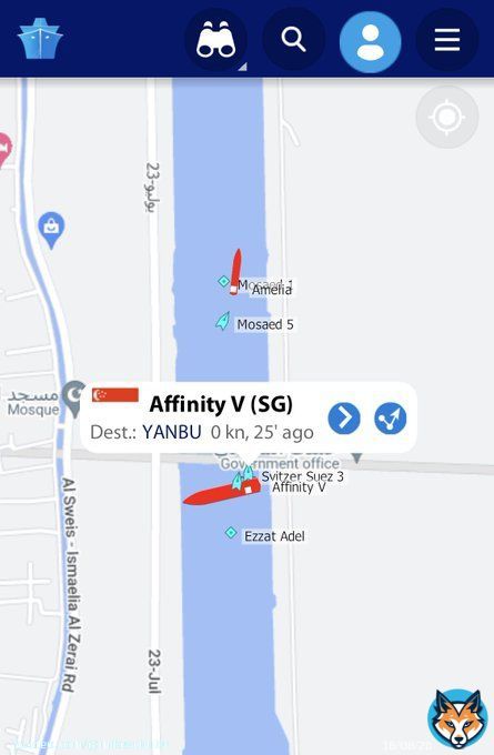 Yoooo. The crude oil tanker Affinity V is aground in the Suez Canal in almost the exact same spot as Ever Given!!