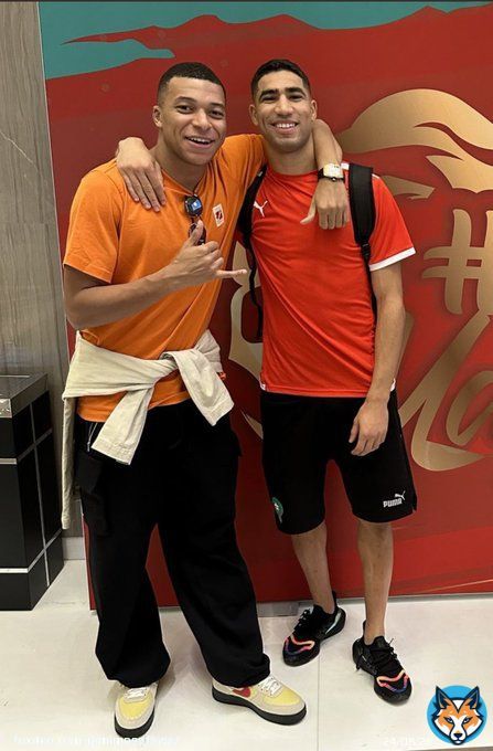 Good friends.   Paris Saint Germain teammates.   But come Wednesday they will be on opposite sides battling for a place in the #FIFAWorldCup final.   Mbappe  Hakimi