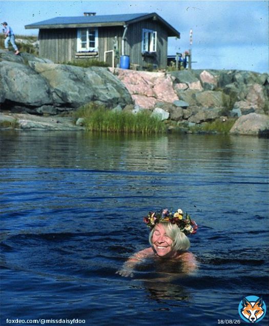 Tove Janssen, author of the Moomin books, swimming outside her summer cottage Klovharun in Pellinge, Finland.