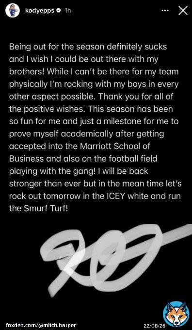 Injured #BYU WR Kody Epps on IG: &ldquo;I will be back stronger than ever&hellip;&rdquo;  #BYUFootball