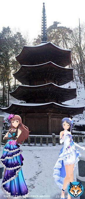 #日本探検デレスポカレンダー  冬の長野県から \u2460別所温泉・安楽寺八角三重塔(国宝)にてルミ＆トーコ \u2461上田城にて亜里沙先生と千佳ちゃん \u2462浅間山をバックにもちもちコンビ  #服部瞳子 #和久井留美  #持田亜里沙 #横山千佳 #望月聖  #デレステAR #デレスポAR