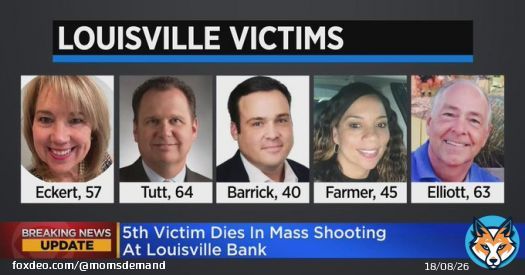 UPDATE: A fifth victim of the mass shooting in downtown Louisville yesterday, 57-year-old Deana Eckert, has died.   Our hearts are broken for the victims, survivors, their loved ones, and all who were impacted by this senseless tragedy.