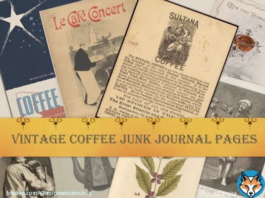 Junk Journal pages for coffee lovers. Fits dark academia style - old books and strong coffee. #MoonWoodsShop #etsyshop #digitalart #DigitalArtist #BuyIntoArt #rtArtBoost #AYearForArt #LoveArt #academia #journaling #journal