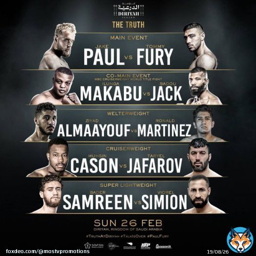 Jake Paul vs Tommy Fury main card is set.  Badou Jack takes on Ilunga Makabu for the WBC Cruiserweight world title.   Almaayouf, Cason and Samreen put their undefeated records on the line.   #PaulFury