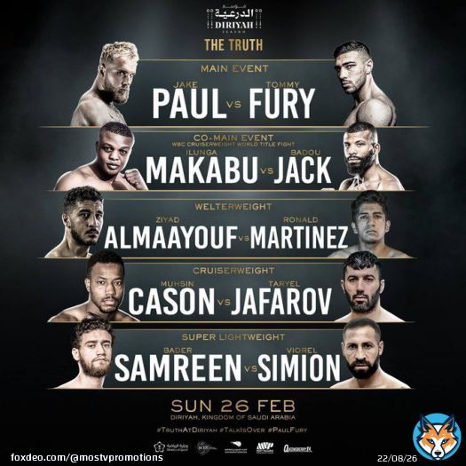 Jake Paul vs Tommy Fury main card is set.  Badou Jack takes on Ilunga Makabu for the WBC Cruiserweight world title.   Almaayouf, Cason and Samreen put their undefeated records on the line.   #PaulFury