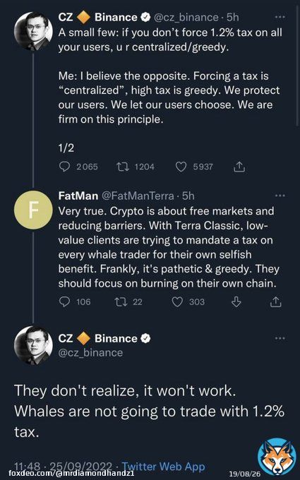 $LUNC army the centralized exchanges won&rsquo;t implement a 1.2% tax off chain for #LunaClassic. They didn&rsquo;t do it in 2022 and they won&rsquo;t do it in 2023. A tax that high will kill volume and whales won&rsquo;t trade it. Let&rsquo;s focus on BUILDING and repegging $USTC. #Crypto #Binance #LUNC