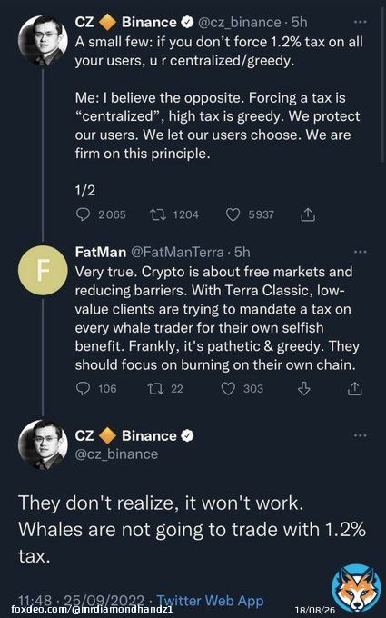 $LUNC army the centralized exchanges won&rsquo;t implement a 1.2% tax off chain for #LunaClassic. They didn&rsquo;t do it in 2022 and they won&rsquo;t do it in 2023. A tax that high will kill volume and whales won&rsquo;t trade it. Let&rsquo;s focus on BUILDING and repegging $USTC. #Crypto #Binance #LUNC