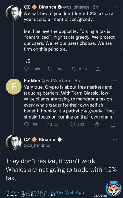 $LUNC army the centralized exchanges won&rsquo;t implement a 1.2% tax off chain for #LunaClassic. They didn&rsquo;t do it in 2022 and they won&rsquo;t do it in 2023. A tax that high will kill volume and whales won&rsquo;t trade it. Let&rsquo;s focus on BUILDING and repegging $USTC. #Crypto #Binance #LUNC