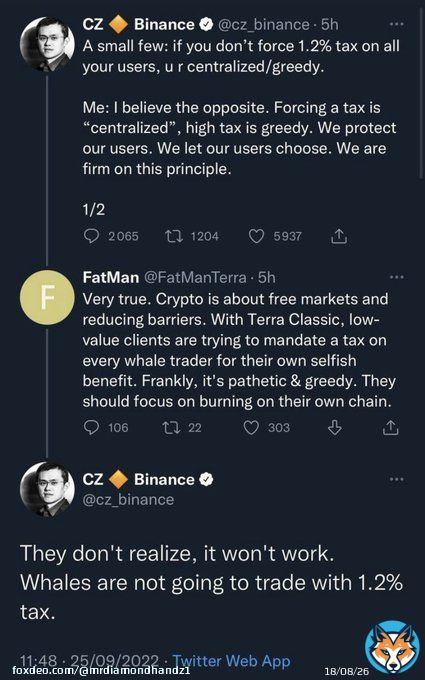 $LUNC army the centralized exchanges won&rsquo;t implement a 1.2% tax off chain for #LunaClassic. They didn&rsquo;t do it in 2022 and they won&rsquo;t do it in 2023. A tax that high will kill volume and whales won&rsquo;t trade it. Let&rsquo;s focus on BUILDING and repegging $USTC. #Crypto #Binance #LUNC