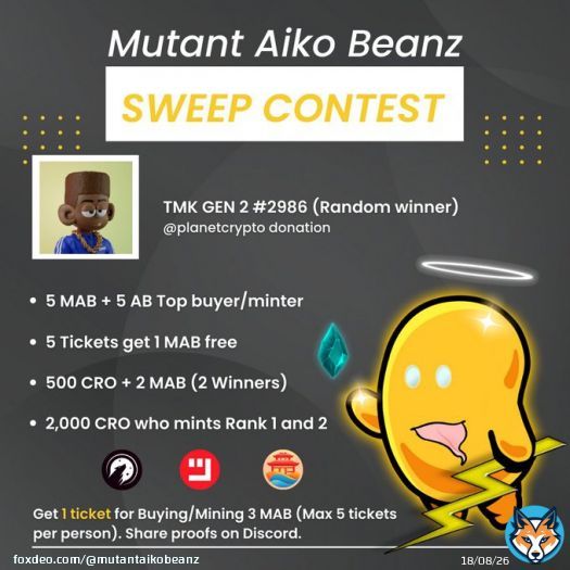 #MAB Sweep/Mint contest is live! END TIME: 00:00 UTC (18/04)  Who mints Rank 1 and 2 will win 2,000 CRO each!   3,943 / 5,555   Good luck!   #MAB #MutantAikoBeanz #Crofam #CronosChain #CronosNFT #NFTDrop #NFTMint #NFT #Cryptocom #TMK #FFTB