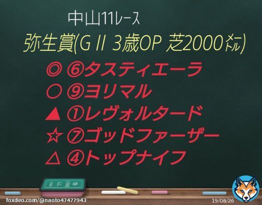 中山11レース #弥生賞 \u25ce \u2465#タスティエーラ 前走(共同通信杯\u2463着)は行儀の良いレースをし過ぎた印象で、今走は持久力優れた馬が揃う構成を底力で巻き返す。 \u25cb \u2468#ヨリマル 外寄り枠からスタミナを活かして長く脚を使わせる競馬なら好走イメージが湧きますので、横山和騎手への乗替わりも良い。
