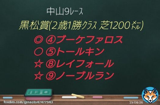 中山9ﾚｰｽ #黒松賞 \u25ce \u2463#ブーケファロス   渋った馬場で未勝利勝ちしたﾋﾞｯｸﾞｱｰｻｰ産駒ですが、使っていく毎に馬体を増やしつつメリハリある馬体を造っていけているのは好感で、2歳限定戦のうちなら軽い芝でも好勝負が可能と見込んでいます   距離14&rArr;12も短縮される内寄り枠なら楽しみあり