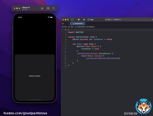 Half-sheet in SwiftUI!!! We can use presentationDetents() modifier to specify what detents the sheet supports, looks like it even has some custom ones! #WWDC2022