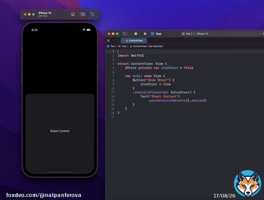 Half-sheet in SwiftUI!!! We can use presentationDetents() modifier to specify what detents the sheet supports, looks like it even has some custom ones! #WWDC2022