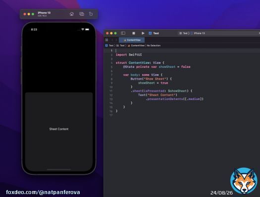 Half-sheet in SwiftUI!!! We can use presentationDetents() modifier to specify what detents the sheet supports, looks like it even has some custom ones! #WWDC2022