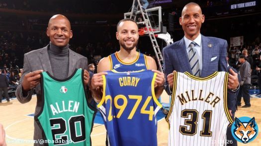 14 de dezembro de 2021:  - Stephen Curry bate o recorde de mais cestas de 3 pontos na hist&oacute;ria. - Ray Allen, antigo recordista, estava presente para testemunhar a hist&oacute;ria. - Reggie Miller, antigo 3&ordm; colocado da lista, era comentarista naquela noite.  QUE FOTO!
