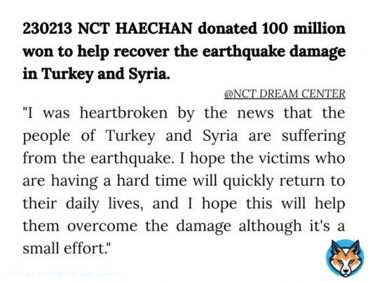 230213 NCT #HAECHAN donated 100 million won to help recover the earthquake damage in Turkey and Syria.   '(...) I hope this will help them overcome the damage although it's a small effort.'  #NCTDREAM @NCTsmtown_DREAM