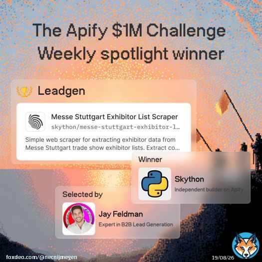 We asked industry expert @leadgenjay to pick a standout in Lead gen. Winner: Messe Stuttgart Exhibitor List Scraper by Skython! Scrape exhibitor data from Messe Stuttgart events and turn it into structured B2B leads. Get company details automated.Trythe winning ActorFrom apify.com