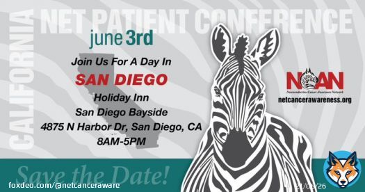 #savethedate June 3rd, 2023 NCAN's third NET Patient Conference takes place at the Holiday Inn San Diego Bayside in San Diego, CA! #NeuroendocrineCancer #NeuroendocrineTumor #NETs #ZebraStrong #NETCancerAwareness #NCAN #CancerSupport
