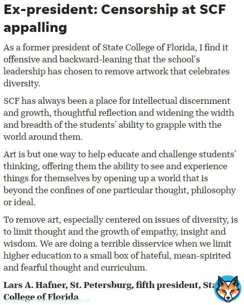 At least ONE educator is speaking out against State College of Florida's objection to the 'Embracing Our Differences' art exhibition...if only more would stand up to Ron DeSantis and reject his indoctrination agenda of 'hateful, mean-spirited and feafearful thought and curriculum.'