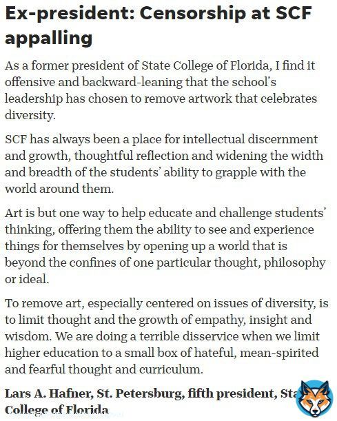 At least ONE educator is speaking out against State College of Florida's objection to the 'Embracing Our Differences' art exhibition...if only more would stand up to Ron DeSantis and reject his indoctrination agenda of 'hateful, mean-spirited and feafearful thought and curriculum.'