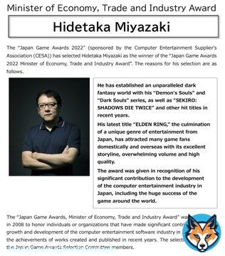 Elden Ring director Hidetaka Miyazaki won a Japan Game Award for his &ldquo;significant contribution&rdquo; to the Japan games industry and its success around the world  #TGS2022