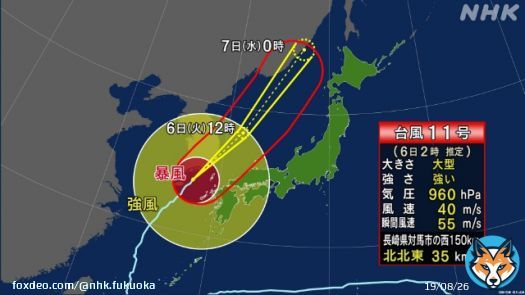 【台風11号　最新の位置情報】  福岡県の一部も このあと暴風域に入る可能性  観測した最大瞬間風速 糸島市　25.6m/s（1:37） 福岡市　23m/s（1:43） 福岡空港　22.1m/s（1:50）  暴風に厳重に警戒してください