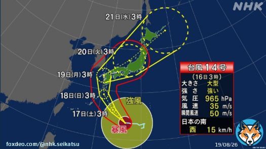 台風14号「大型」で「強い」です  3連休、それ以降も広域に影響を与える危険な進路を通りそうです  いまのうちに  ハザードマップを確認し  暴風  川の氾濫  土砂災害の備えを進めてください